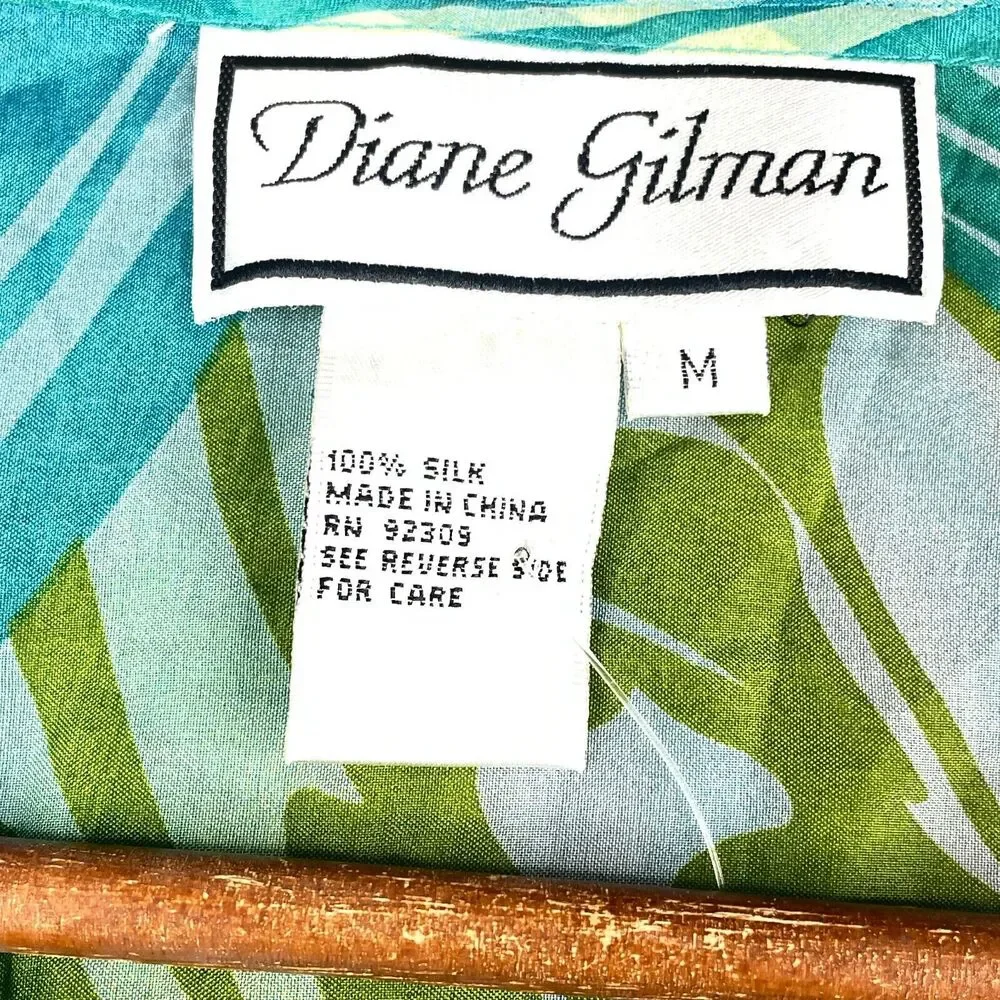 New Diane Gilman Silk Tunic Blouse Womens Med Button Front Sequins Green Blue - Picture 5 of 14